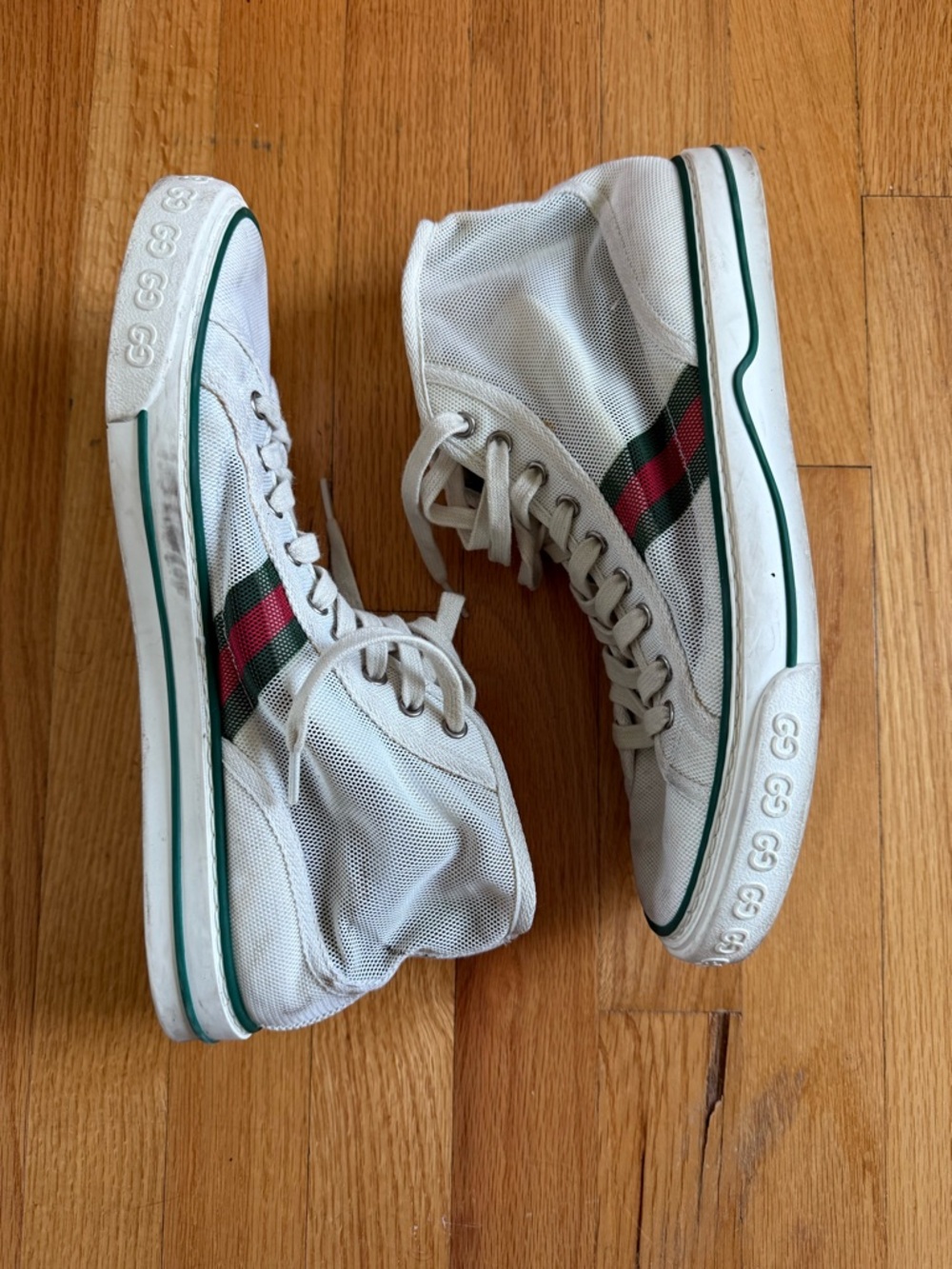 Gucci White High-Top Athletic Sneakers with Green and Red Web Stripe